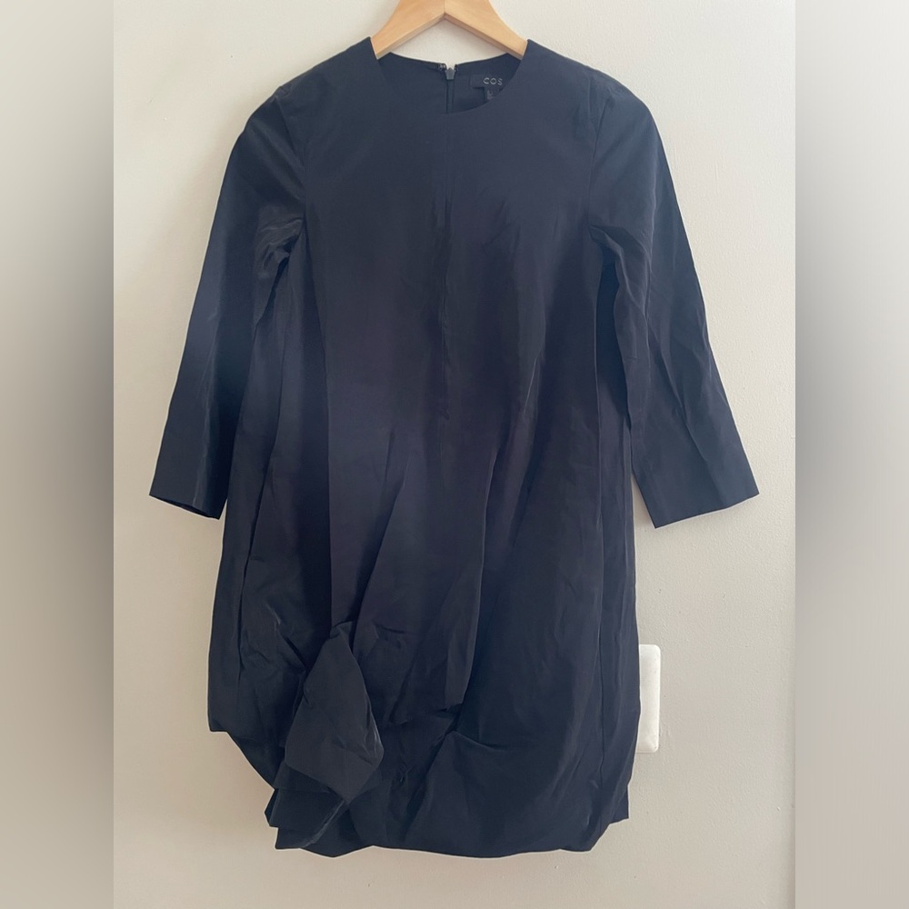 COS Women's Black Asymmetric Gathered Hem Long Sleeve Dress Size 2 Modal